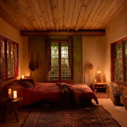 A bohemian bedroom with wooden bed, lit by the soft glow of candles. The room is embellished with vibrant furnishings and features large windows