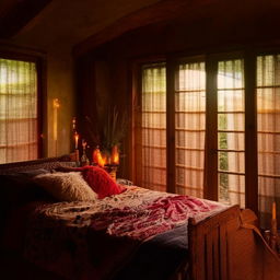 A bohemian bedroom with wooden bed, lit by the soft glow of candles. The room is embellished with vibrant furnishings and features large windows