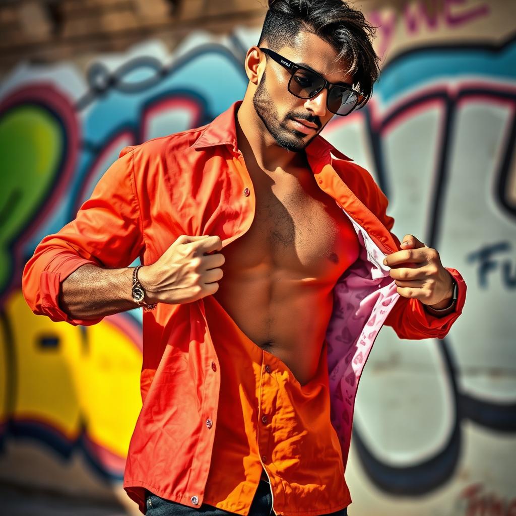 A stylish individual in a trendy urban setting is changing their shirt