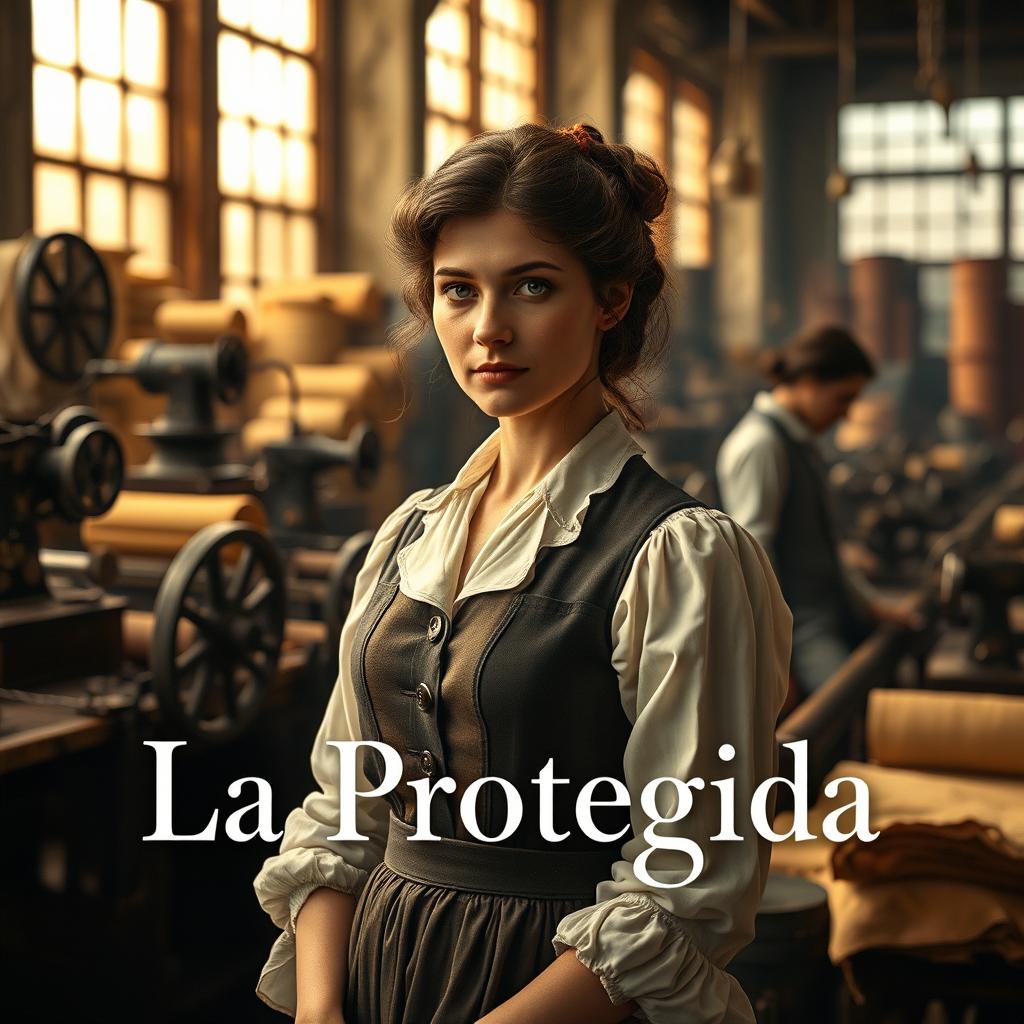 A scene set in Barcelona in the year 1880, showcasing a 25-year-old woman working in a textile company