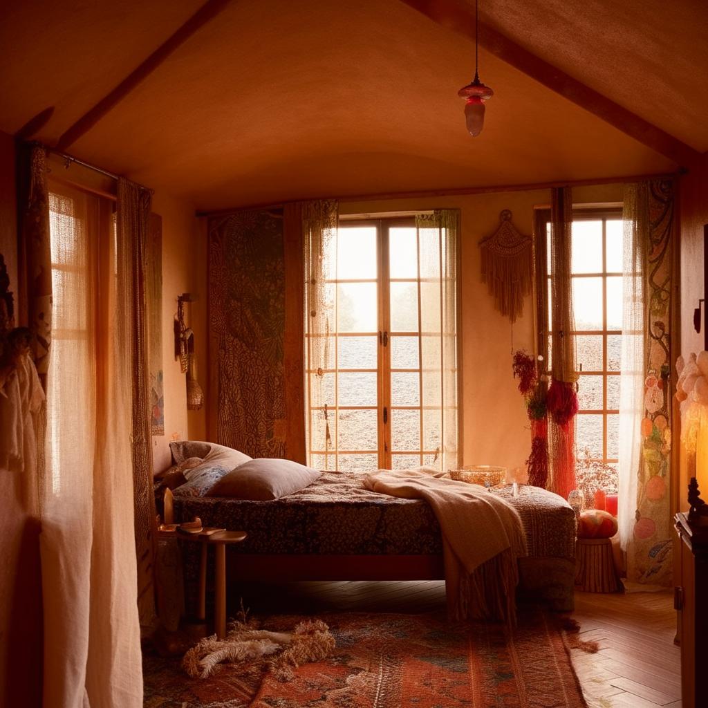 A bohemian bedroom with wooden bed, lit by the soft glow of candles. The room is embellished with vibrant furnishings and features large windows