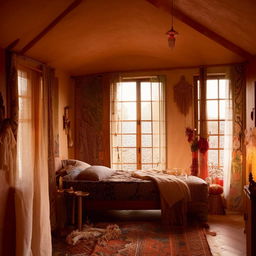 A bohemian bedroom with wooden bed, lit by the soft glow of candles. The room is embellished with vibrant furnishings and features large windows