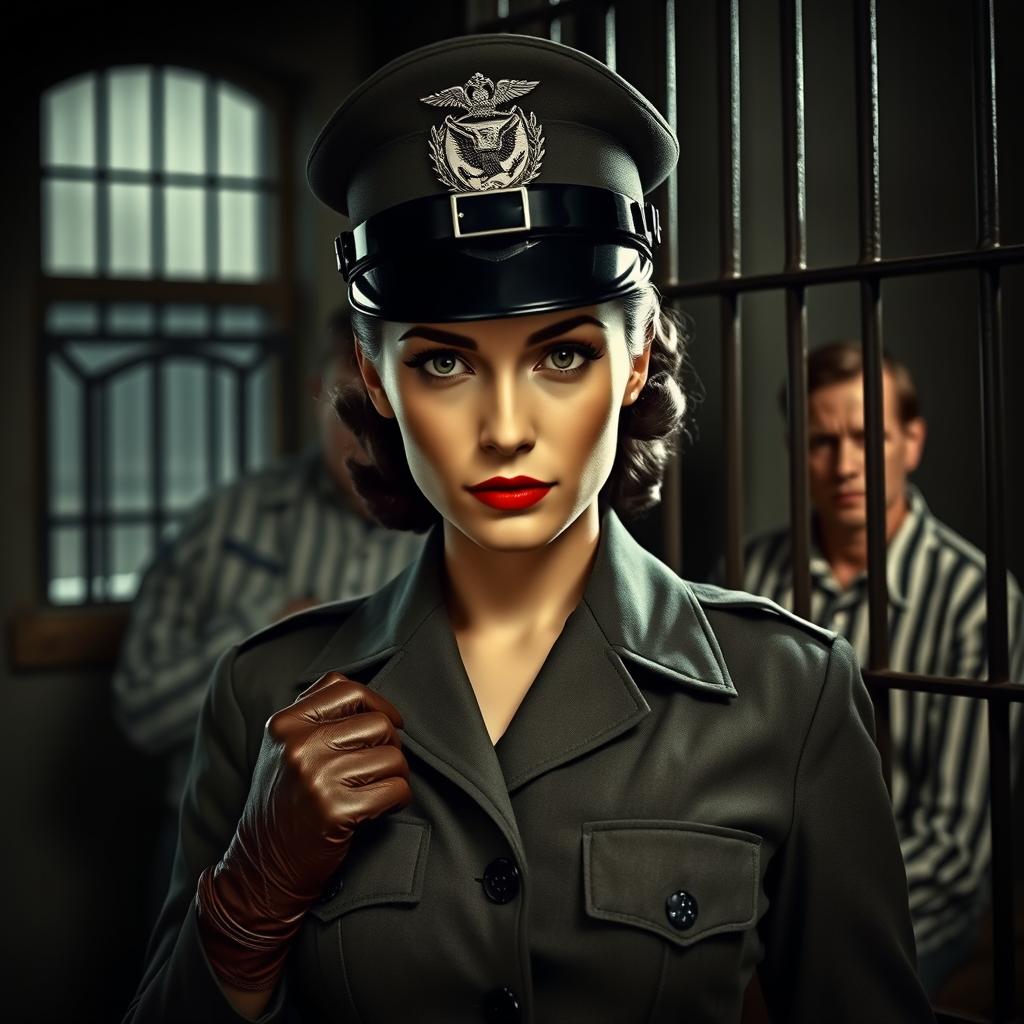 A striking image of a vintage policewoman in a classic 1940s uniform, with a stylish hat, brown leather gloves, and polished black shoes