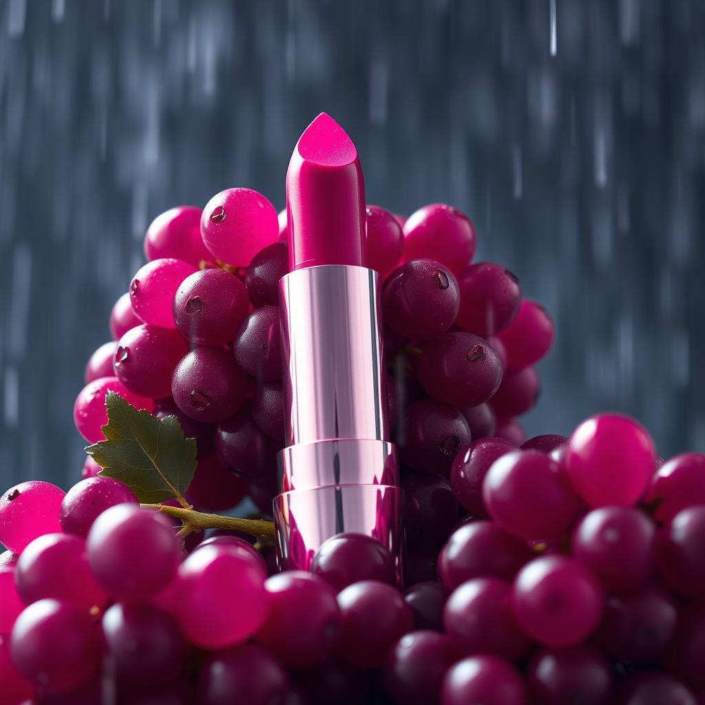 An immersive and polished aerial angled view of a stunning magenta-berry colored neon illuminating lipstick