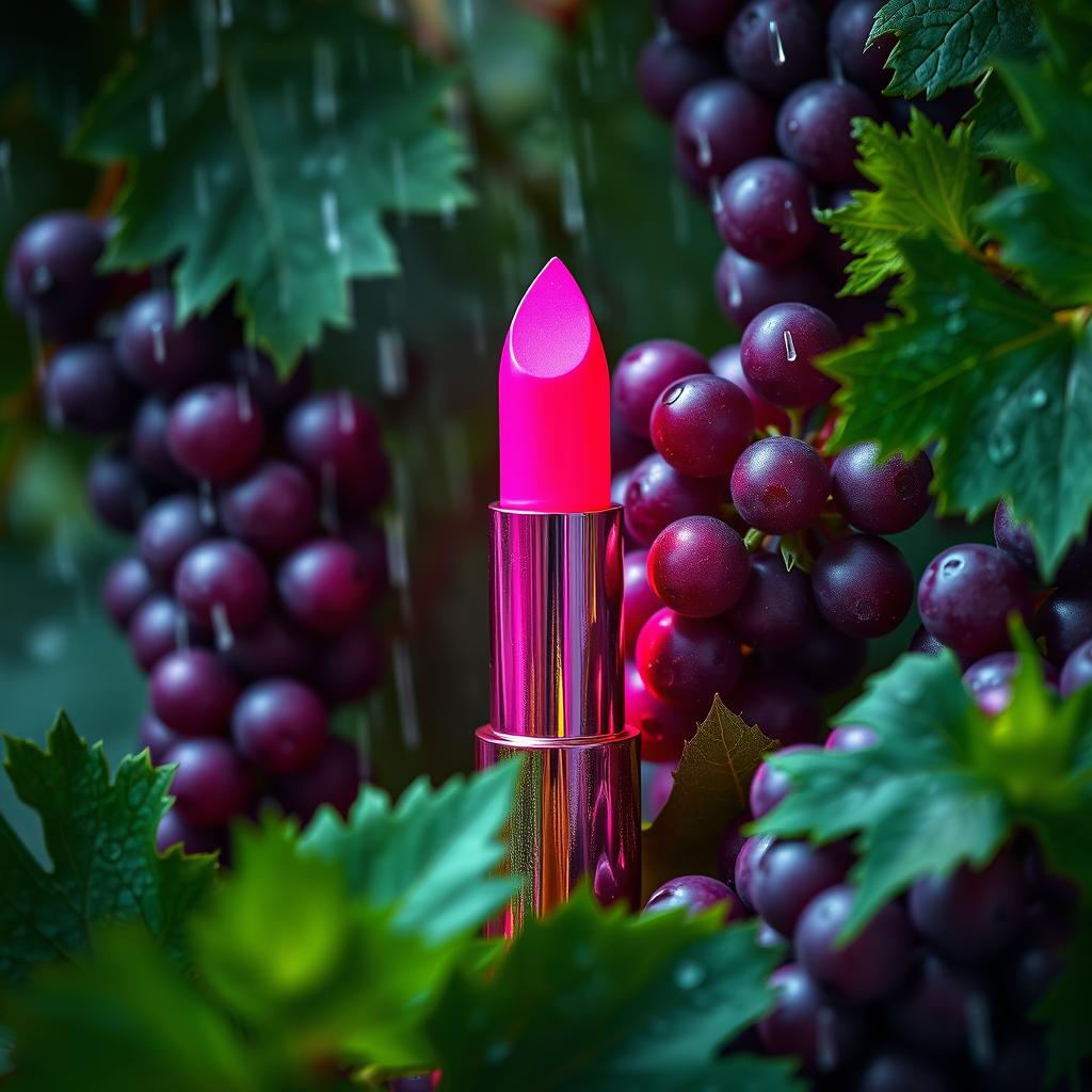 An immersive and polished aerial angled view of a striking magenta-berry colored neon illuminating lipstick