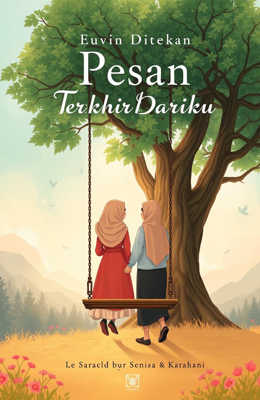 A poignant cover design for a book titled 'Pesan Terakhir Dariku', featuring a beautiful illustration of two pairs of Muslim lovers separated by distance