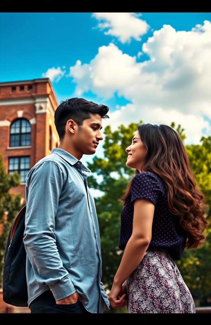A touching scene of two individuals, a young man and a young woman, standing at a distance from each other