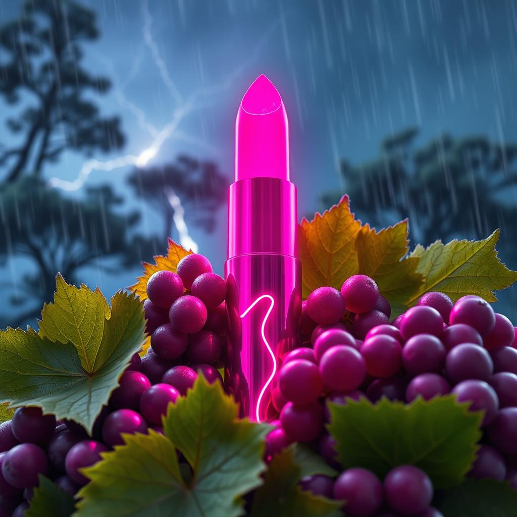 An immersive polished aerial macro-angled view of a vibrant magenta-berry colored neon illuminating glowing lipstick, enhanced by a playful vibration squiggly line effect that adds a dynamic touch
