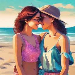 A high-quality digital art image depicting two women sharing a tender moment on the beach