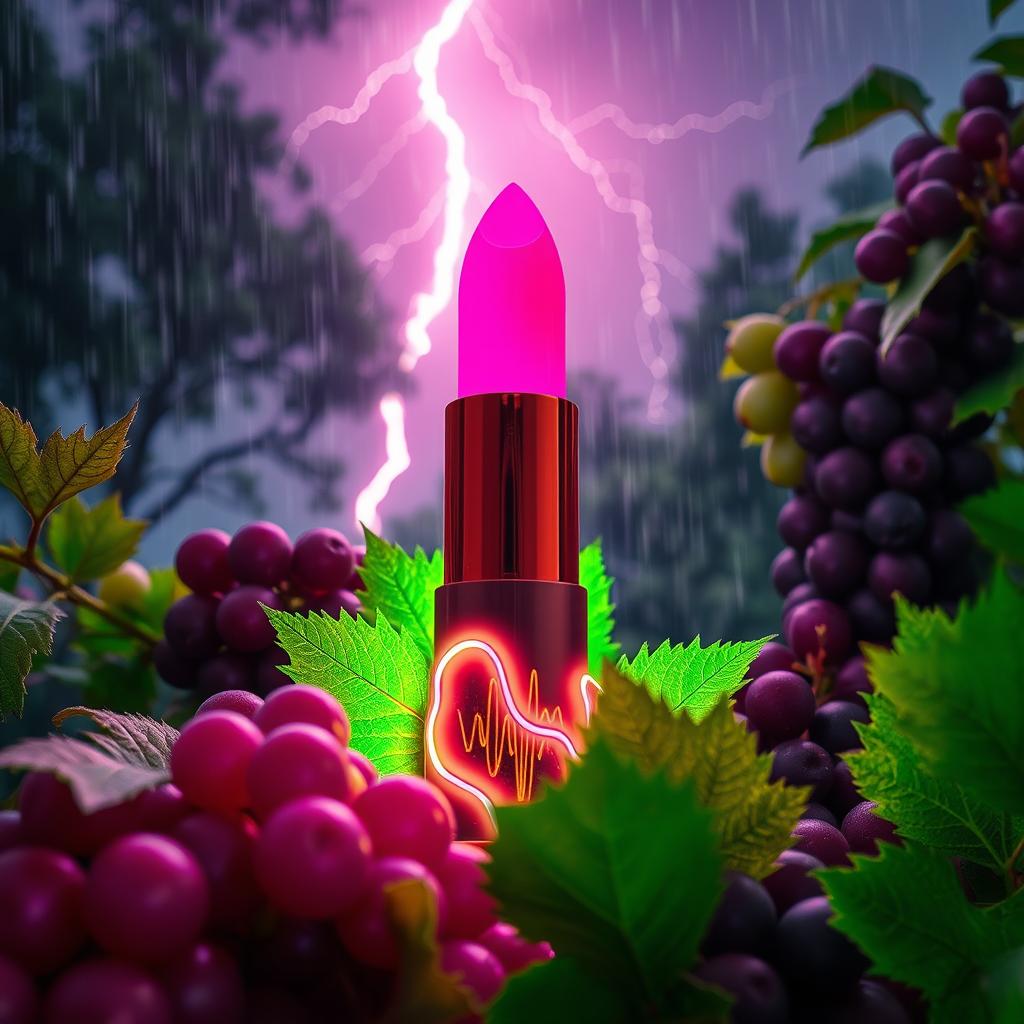 An immersive polished aerial macro-angled view of a vibrant magenta-berry colored neon illuminating glowing lipstick, featuring a playful vibration squiggly line effect that adds a sense of dynamism