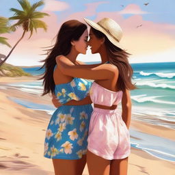 A high-quality digital art image depicting two women sharing a tender moment on the beach