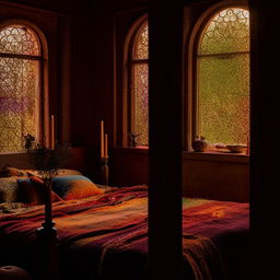 Candlelit bohemian bedroom with a wooden bed, adorned with vibrant furnishings, as viewed through an ornate window in an interior design setting.