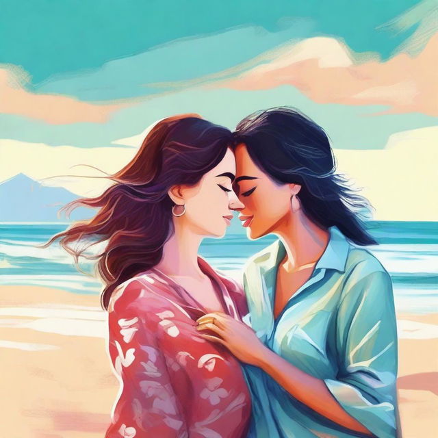 A high-quality digital art image depicting two women sharing a tender moment on the beach