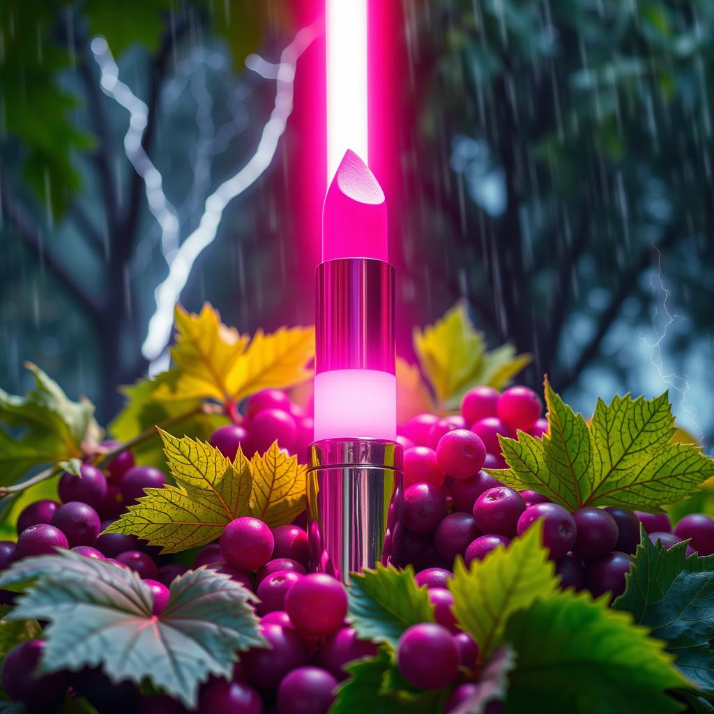 An immersive polished aerial macro-angled view of a vibrant magenta-berry colored neon illuminating glowing lipstick styled as a light-sabre, featuring a unique vibration squiggly line effect that adds an energetic and futuristic touch