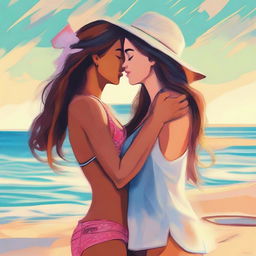 A high-quality digital art image depicting two women sharing a tender moment on the beach