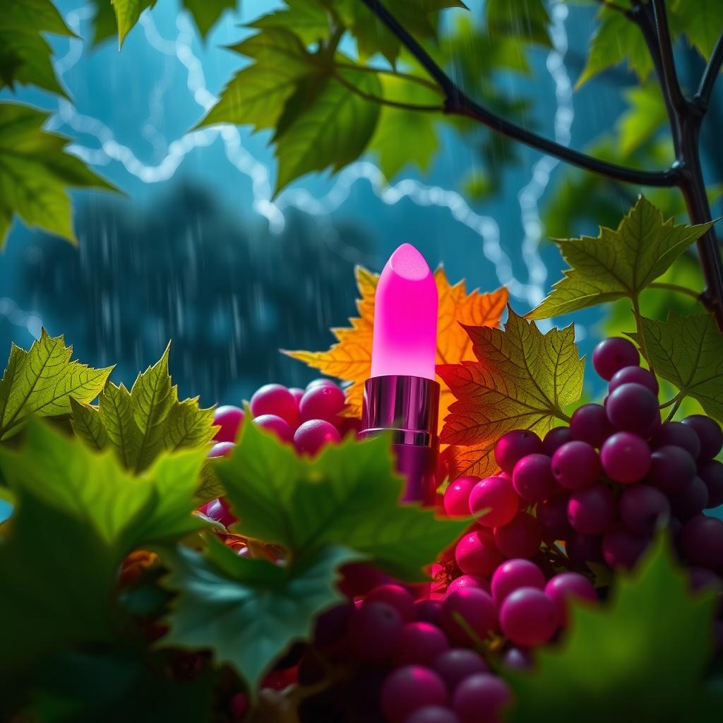 An immersive polished aerial macro-angled view of a vibrant magenta-berry colored neon illuminating glowing lipstick, designed as an adult novelty toy, featuring a playful and unique aesthetic