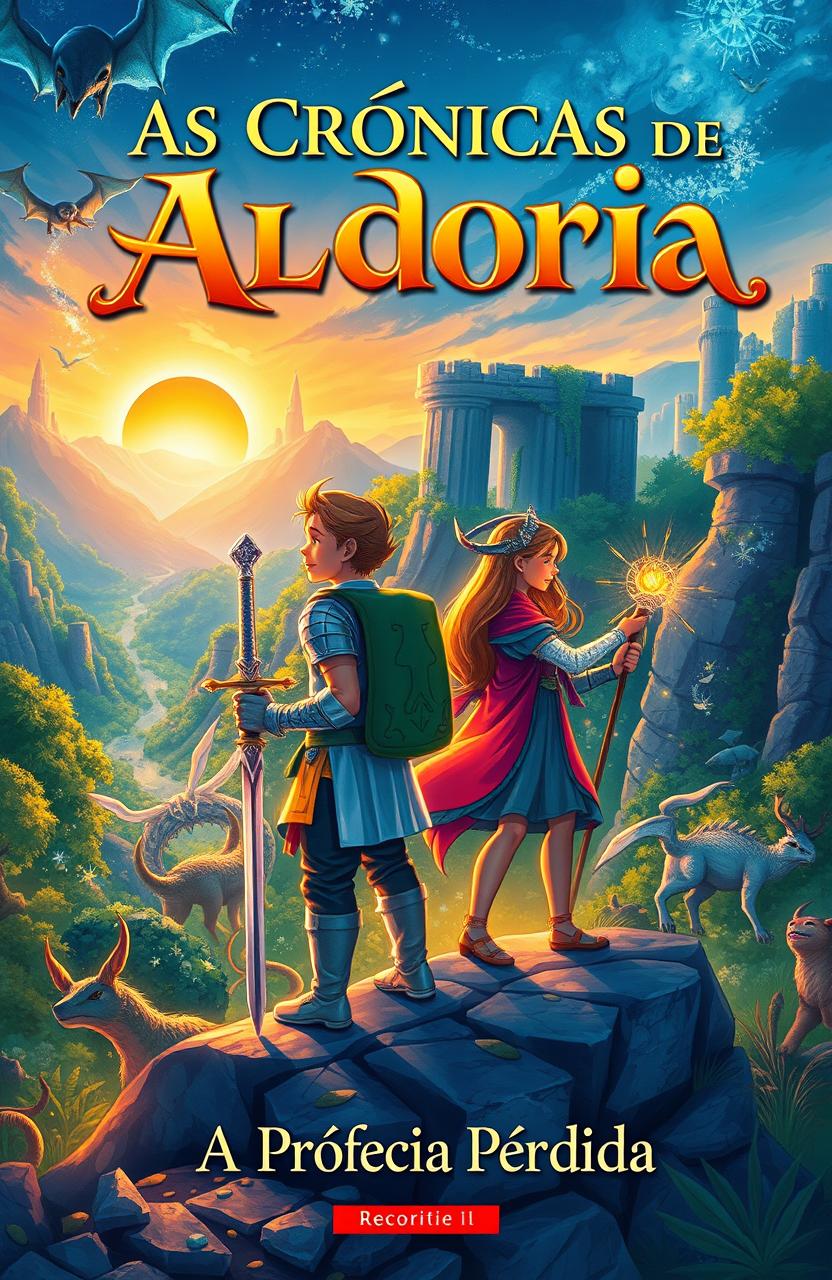 A vivid book cover illustration for 'As Crônicas de Aldoria - Livro: A Profecia Perdida'