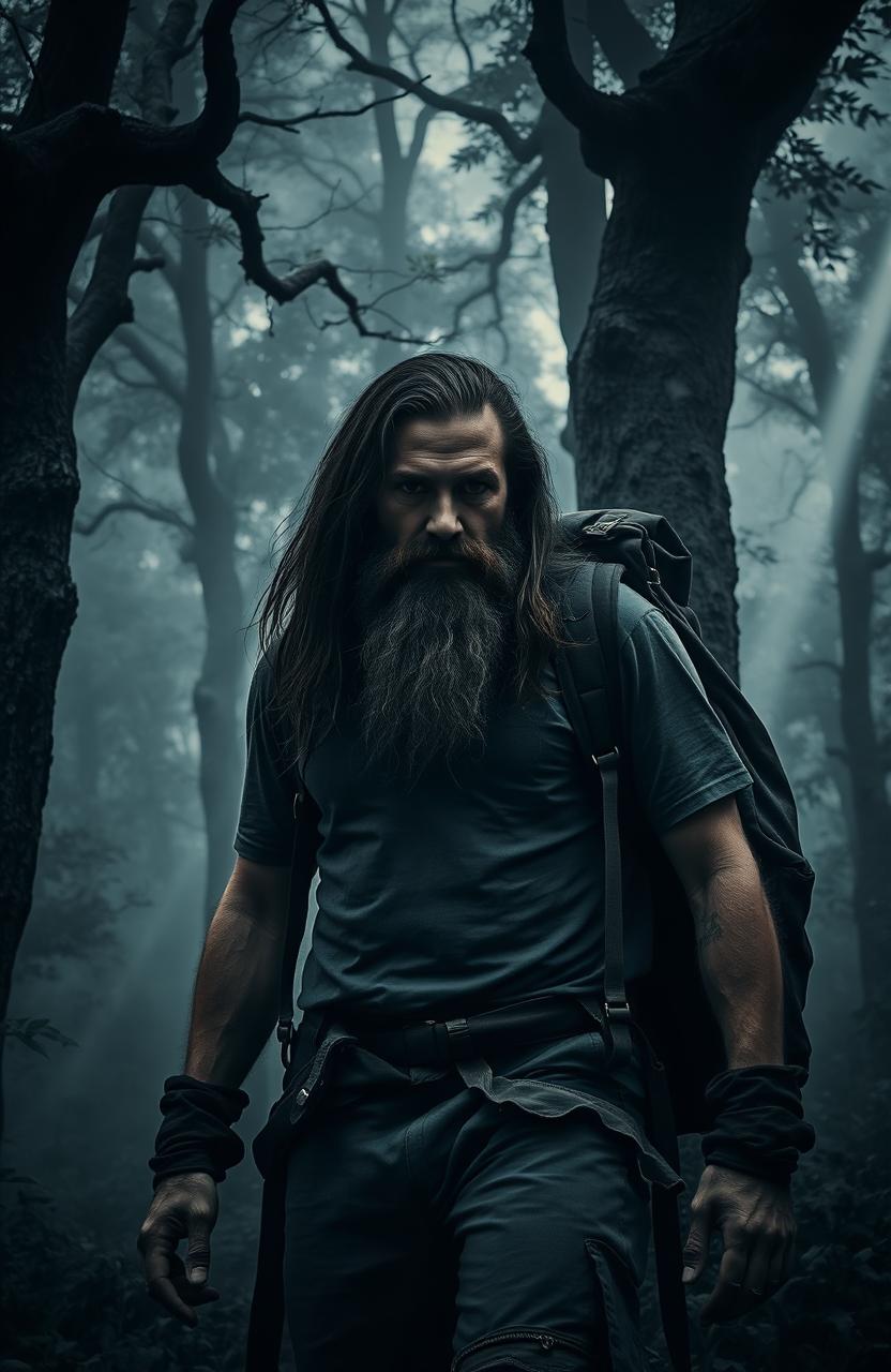 A rugged man with long hair and a thick beard, carrying a tattered backpack, stands in a dense forest under a gloomy sky