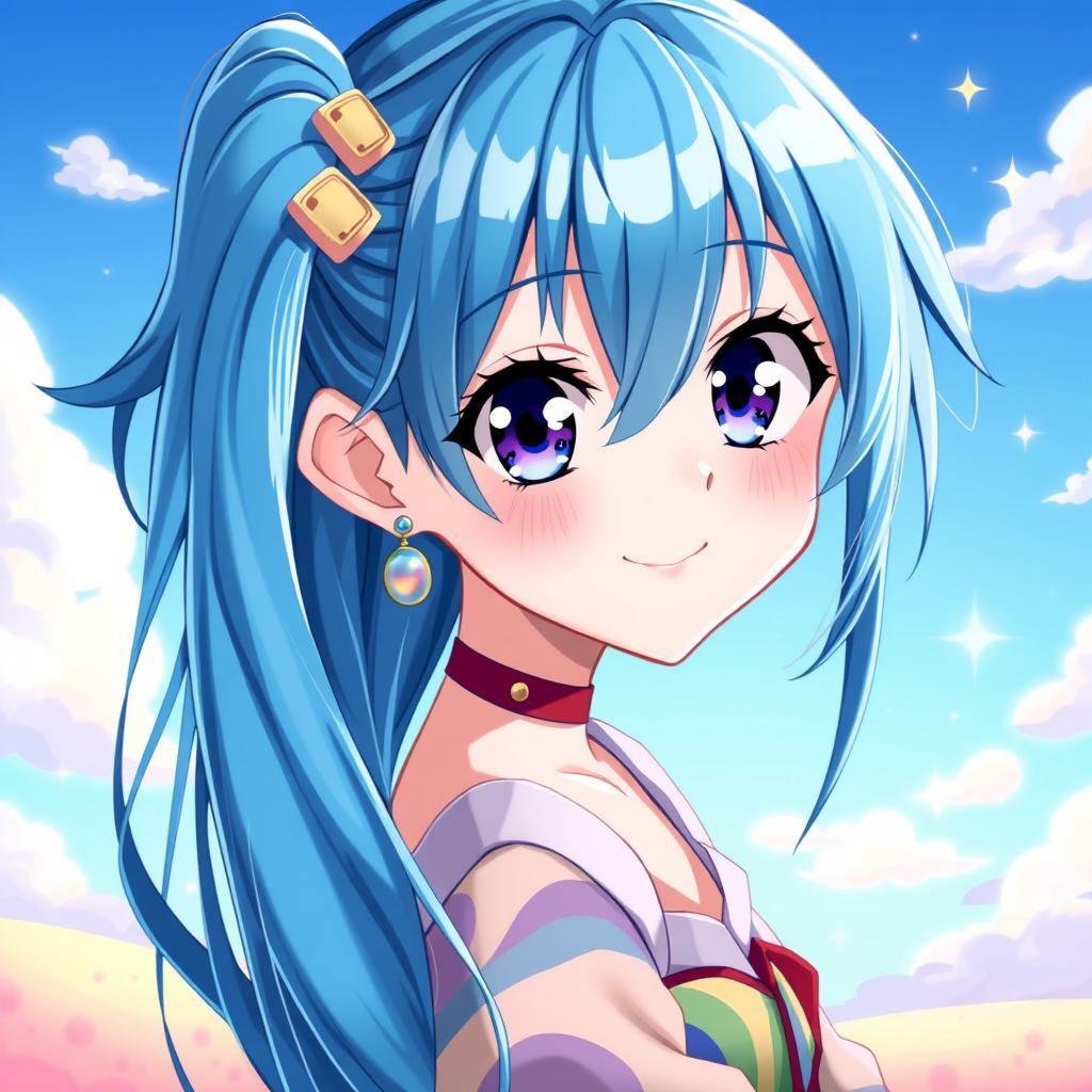 A vibrant digital artwork featuring a blue-haired anime girl, characterized by large expressive eyes and a playful demeanor