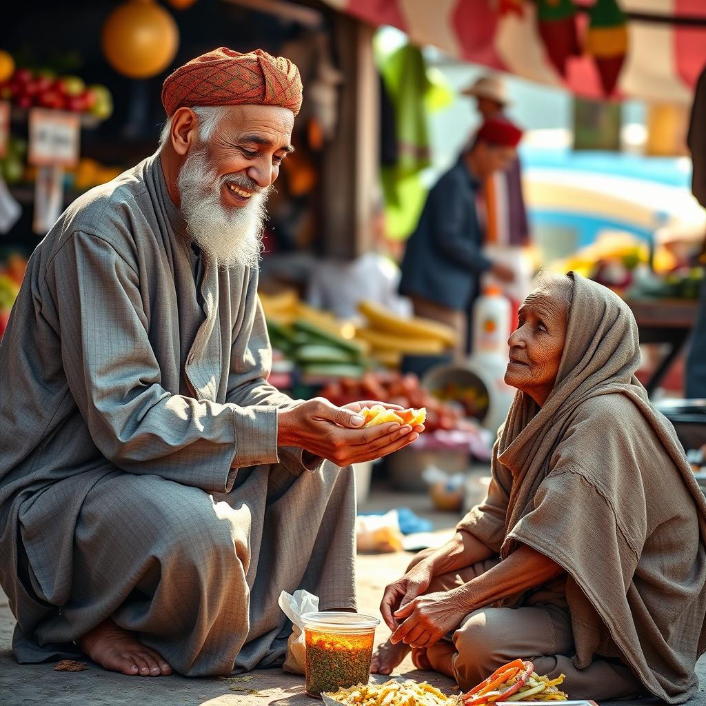 An elderly Muslim man with a warm smile, dressed in traditional clothing, is gently offering food to a hungry person seated on the ground