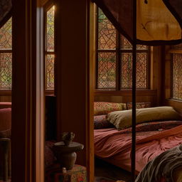 Candlelit bohemian bedroom with a wooden bed, adorned with vibrant furnishings, as viewed through an ornate window in an interior design setting.