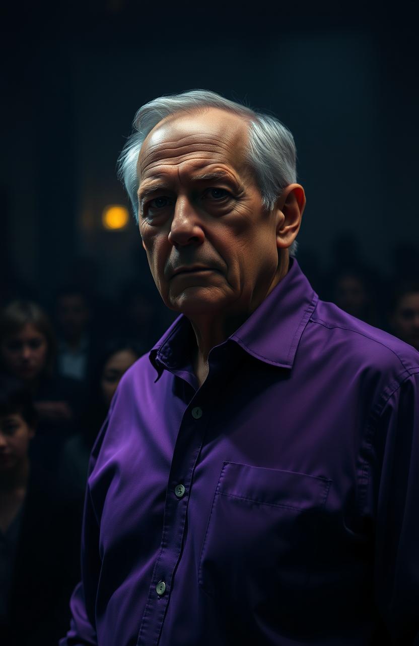 A hyper-realistic image of an older man wearing a purple dress shirt, standing confidently before a dark and tense crowd