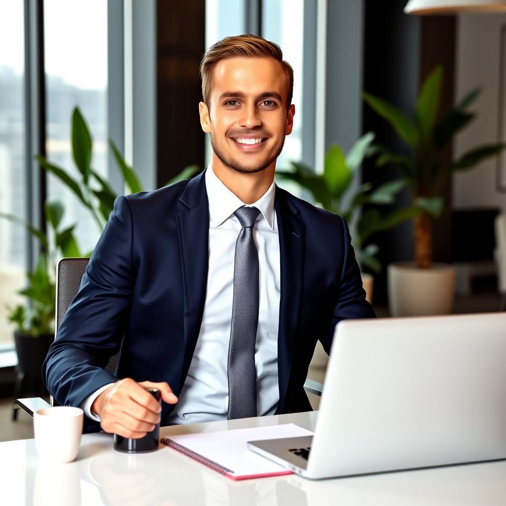 A professional looking male secretary in a modern office environment