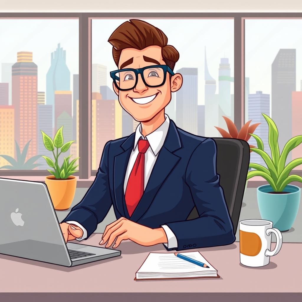 A cartoon-style illustration of a professional looking male secretary