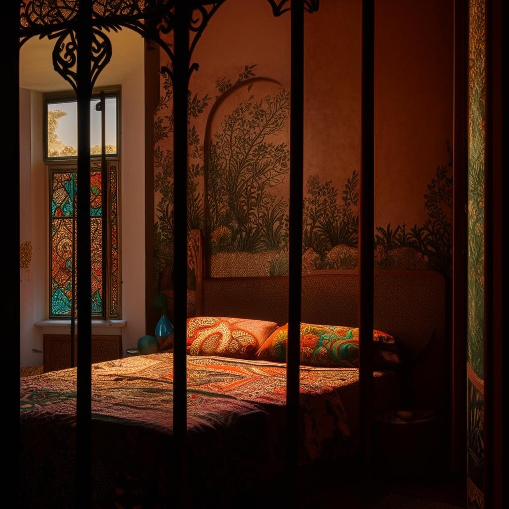 Candlelit bohemian bedroom with a wooden bed, adorned with vibrant furnishings, as viewed through an ornate window in an interior design setting.