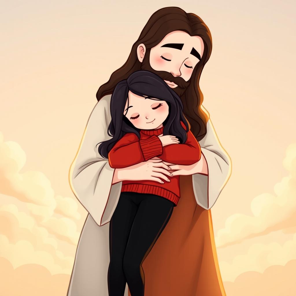 A cartoon style illustration of Jesus Christ gently hugging a girl with white skin and long, wavy black hair