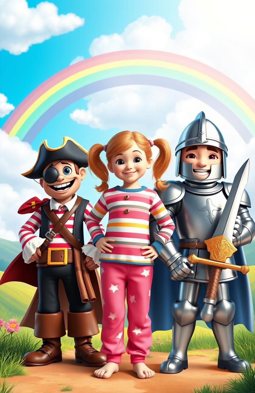 A girl with playful pigtails wearing colorful pink and orange striped pajamas is standing confidently between a whimsical pirate and a brave knight