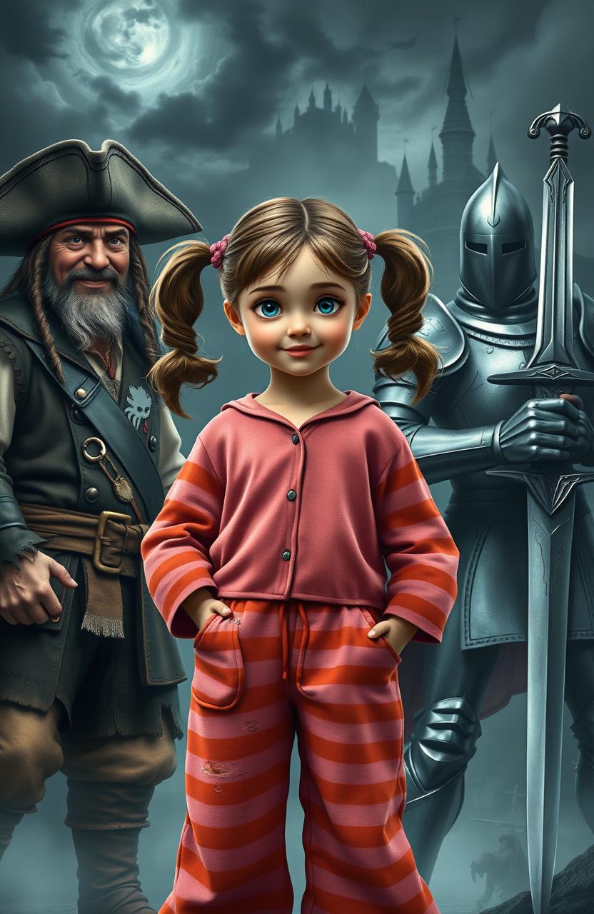 A hyper-realistic girl with playful pigtails, wearing adorably mismatched pink and orange striped pajamas, is standing confidently between a rugged pirate and a valiant knight in an enchanting dark fantasy setting