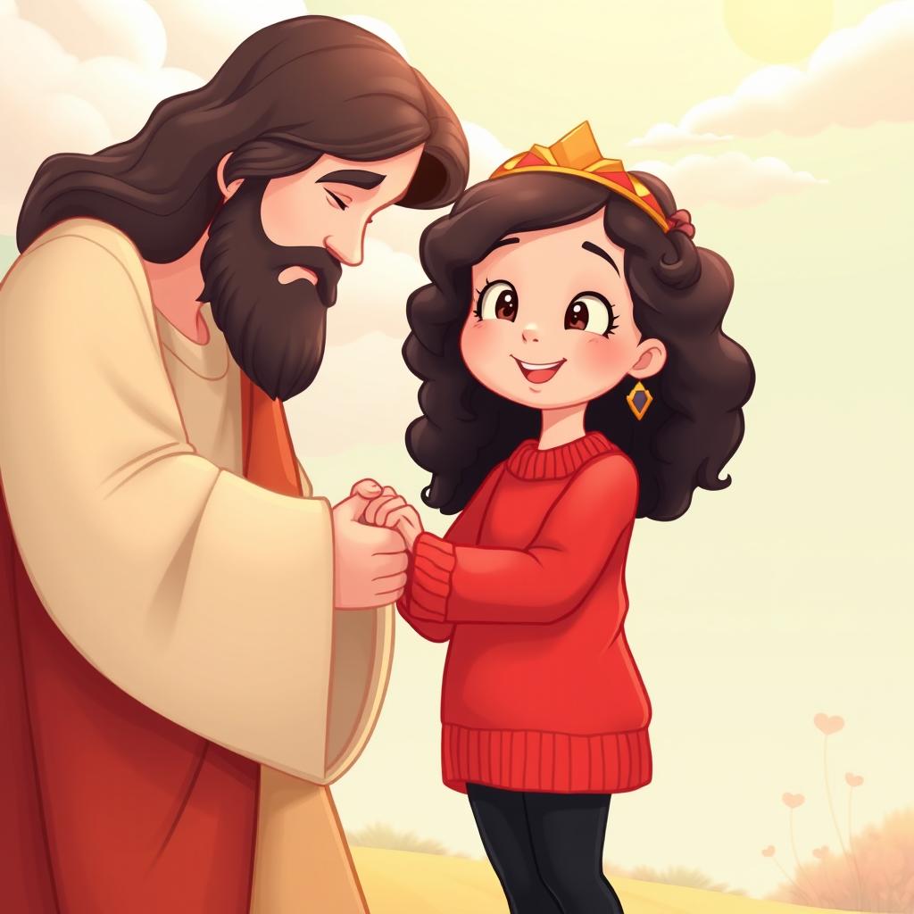 A vibrant Disney cartoon style illustration featuring Jesus Christ gently taking the hand of a little girl