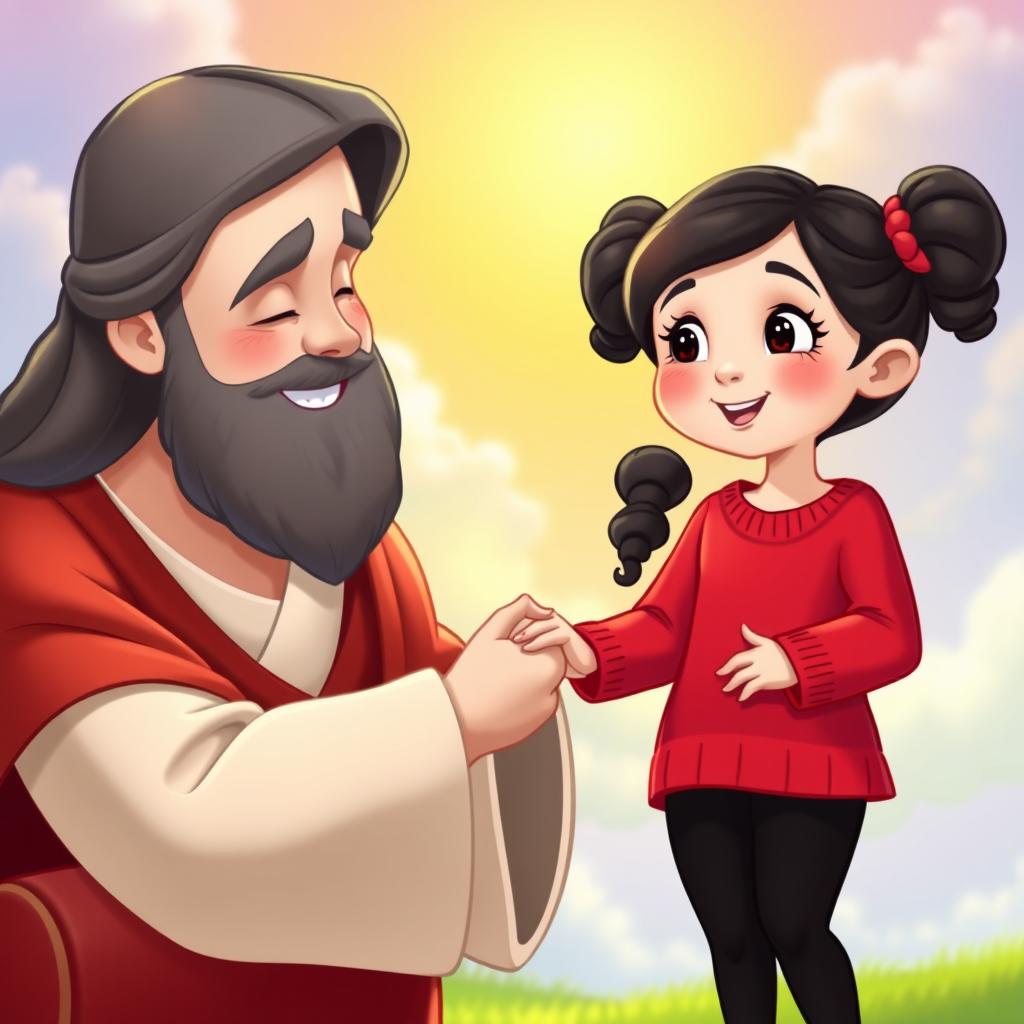 A whimsical Disney cartoon-style scene featuring Jesus Christ with a warm and compassionate expression, gently taking the hand of a little girl