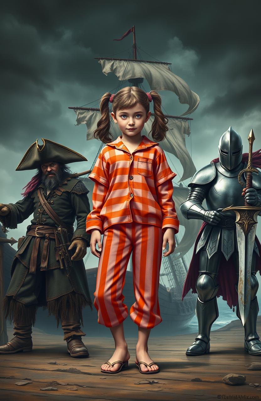 A hyper-realistic depiction of a girl with pigtails, wearing vibrant orange and pink striped pajamas