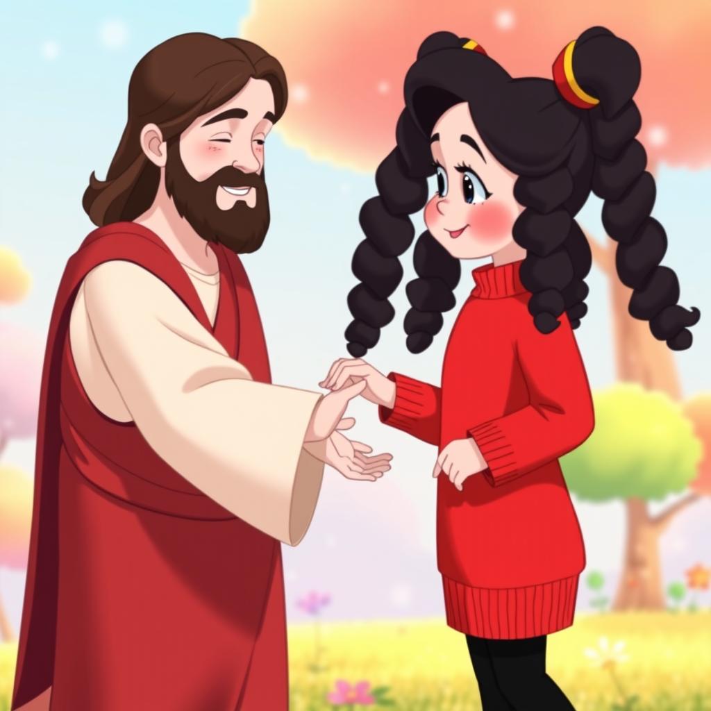 A Disney cartoon style illustration of Jesus Christ gently taking the hand of a little girl