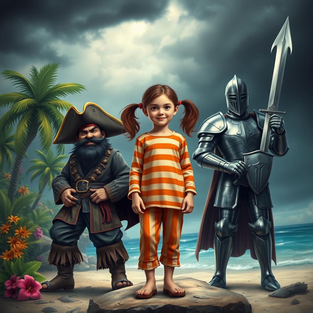 A realistic depiction of a young girl with pigtails, wearing orange and pink striped pajamas, standing confidently between a fearsome pirate and a noble knight on a tropical island