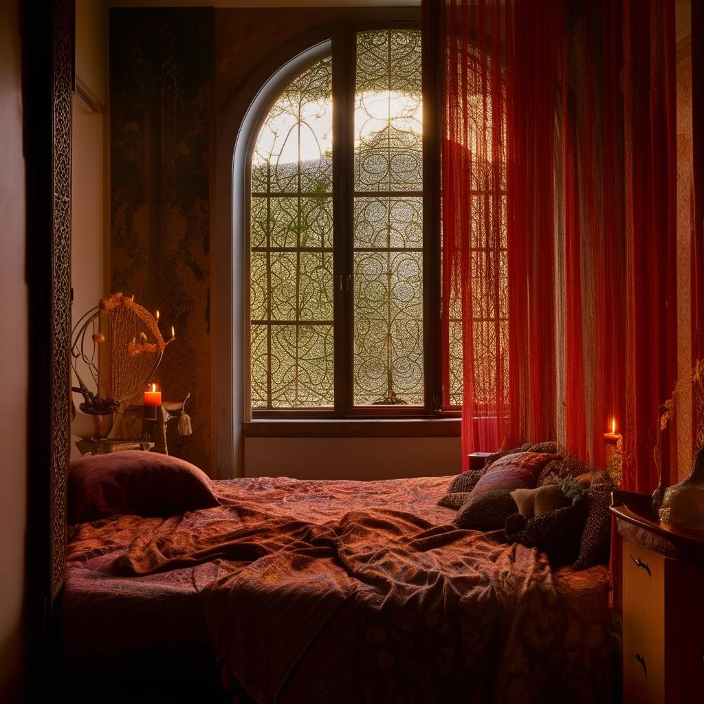 Candlelit bohemian bedroom with a wooden bed, adorned with vibrant furnishings, as viewed through an ornate window in an interior design setting.