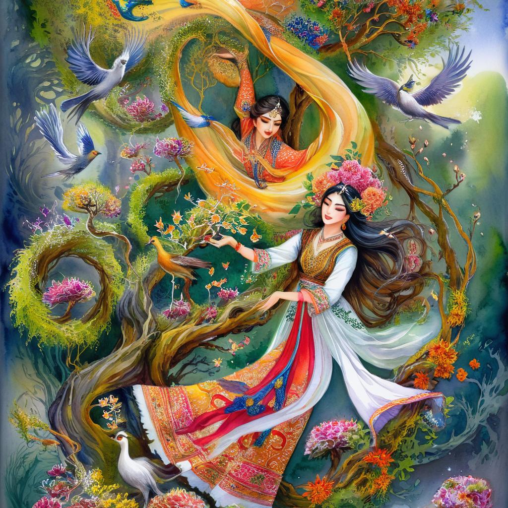 A tangled and busy mystical and spiritual watercolor painting of a beautiful Iranian woman in traditional dress suspended in the air in a swirl of multi-colored flowers, a maze of asymmetrical bonsai trees, a whirlwind of beautiful birds, and a forest of vines in shades of green