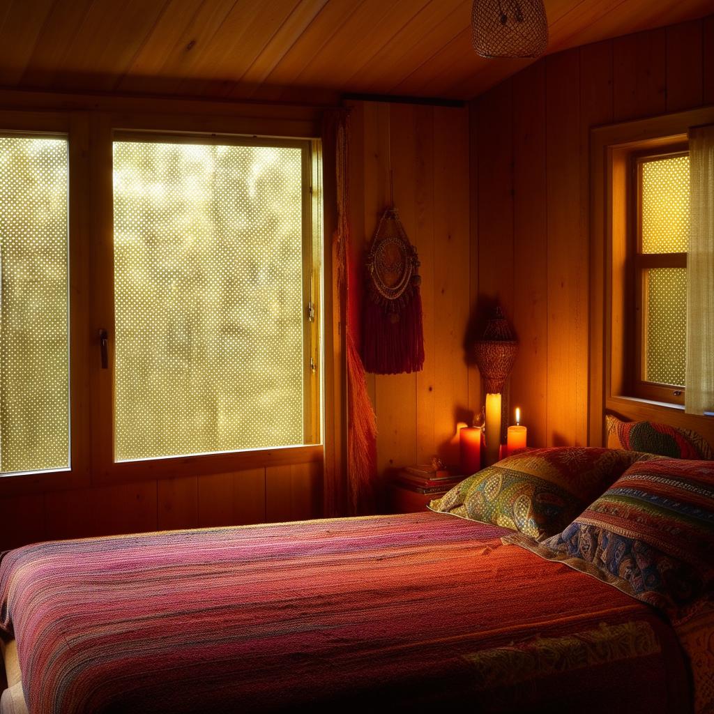 A bohemian bedroom captured in a photo. The room is lit by candlelight, revealing a wooden bed and brightly colored, vibrant furnishings. The room offers a perfect blend of comfort and style, clearly demonstrating tasteful interior design through a window.