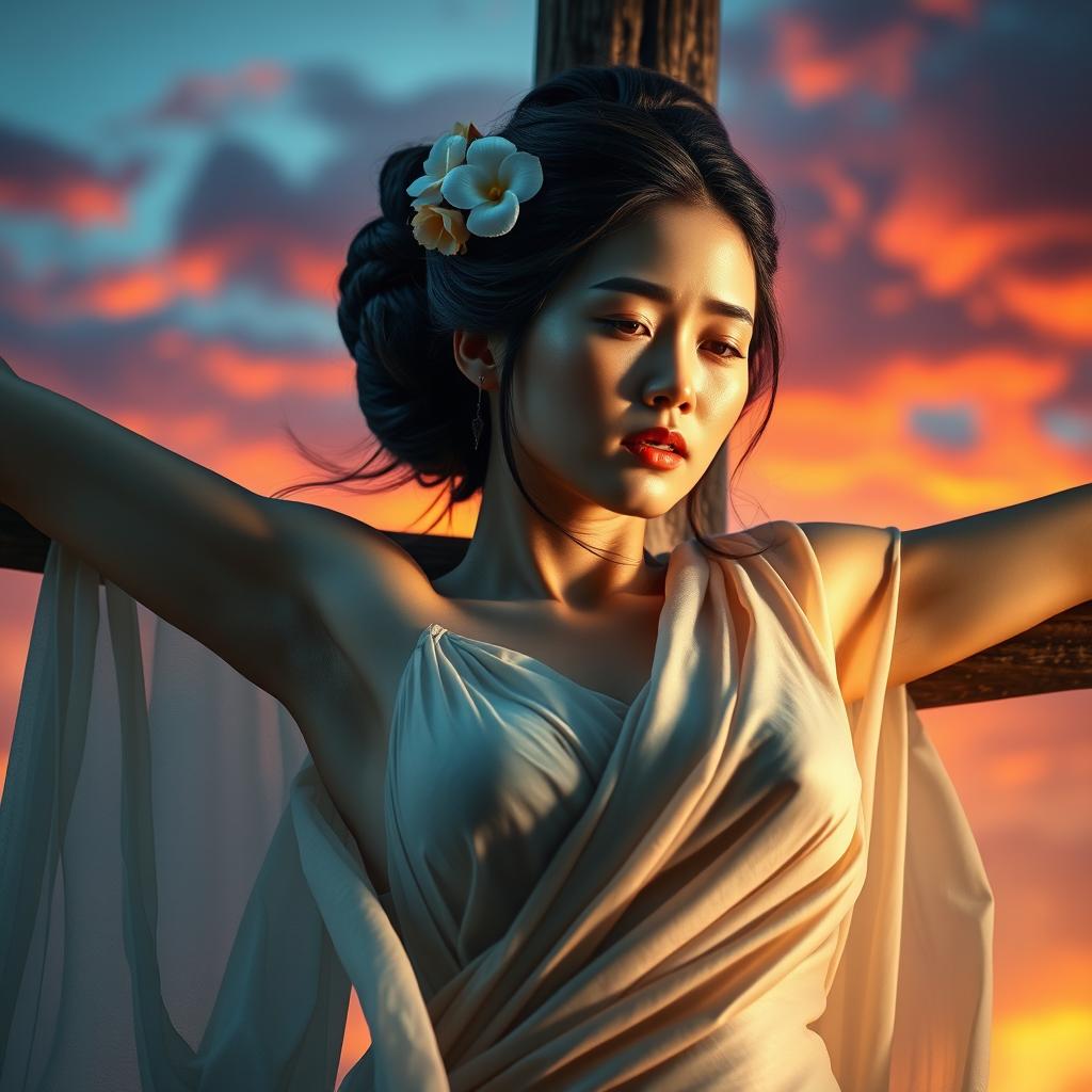 A dramatic and artistic representation of an Asian woman depicted on a crucifixion, capturing a moment of intense emotion and symbolism