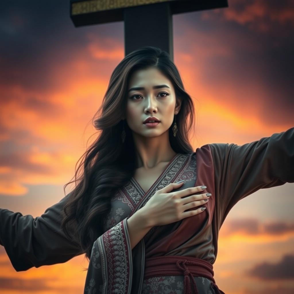 A dramatic and artistic depiction of an Asian woman on a crucifix, capturing a powerful moment filled with symbolism and emotion