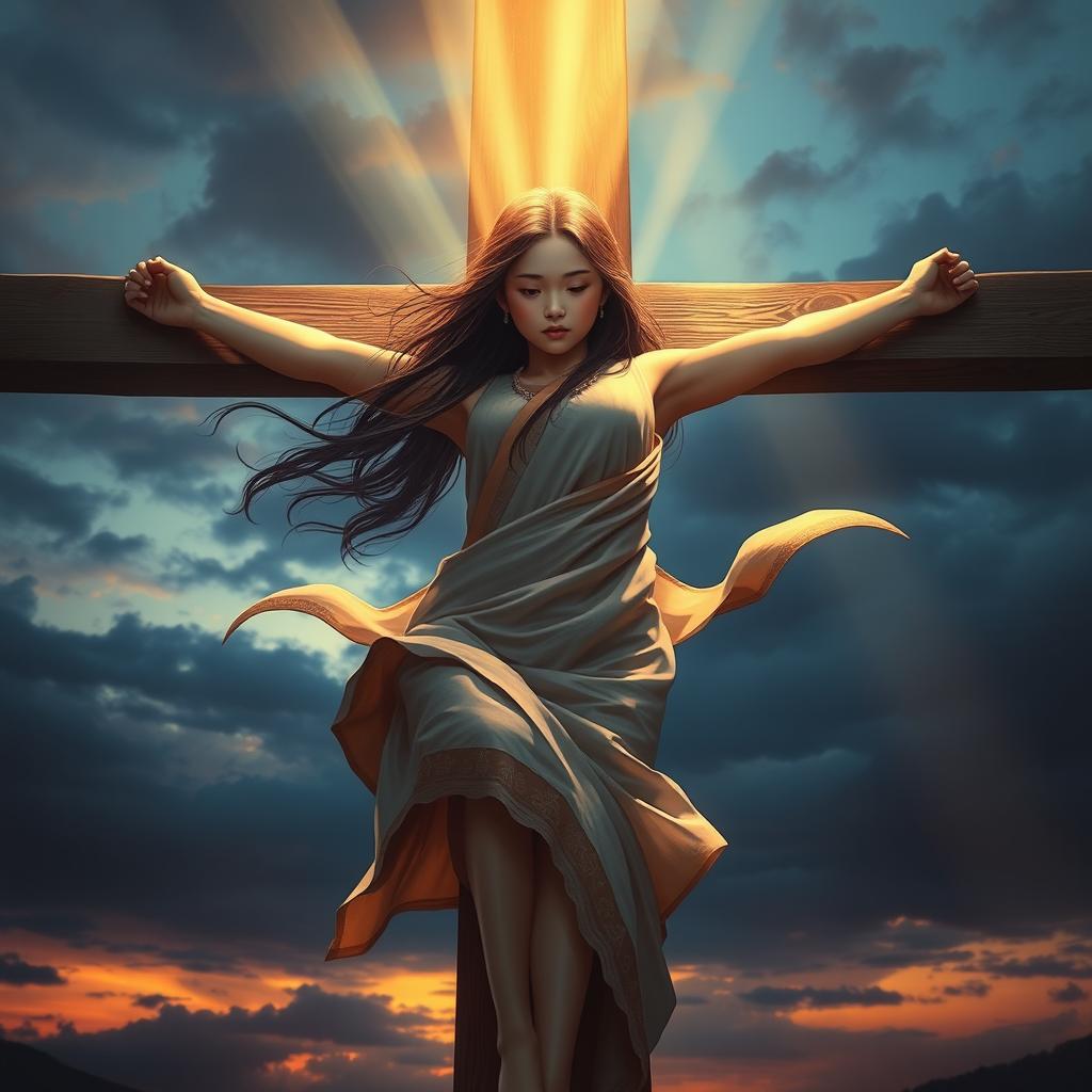 A powerful and emotive artwork featuring an Asian girl on a crucifix, surrounded by an intense and dramatic atmosphere