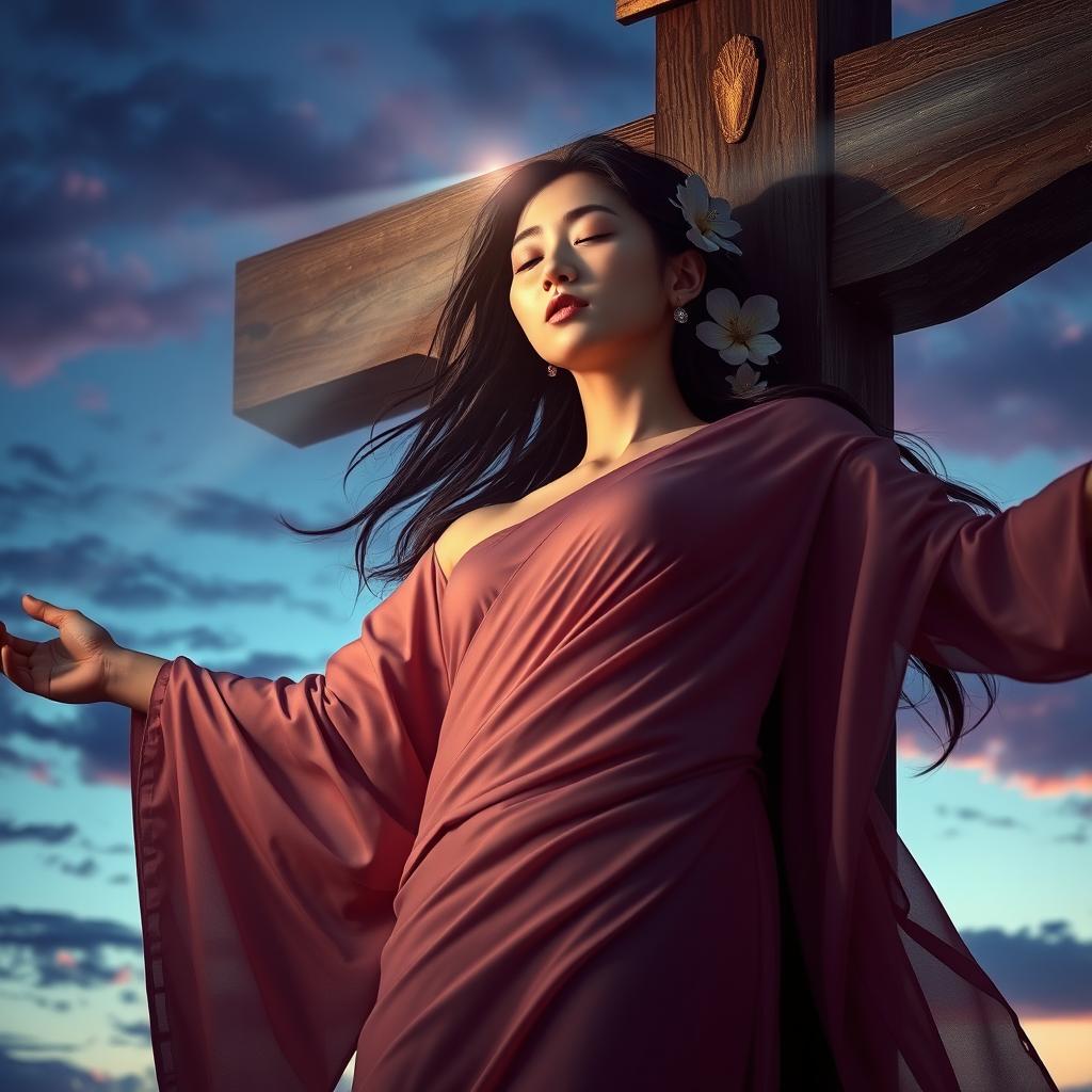A deeply symbolic and artistic interpretation of an Asian woman on a crucifix, expressing profound emotion and reverence