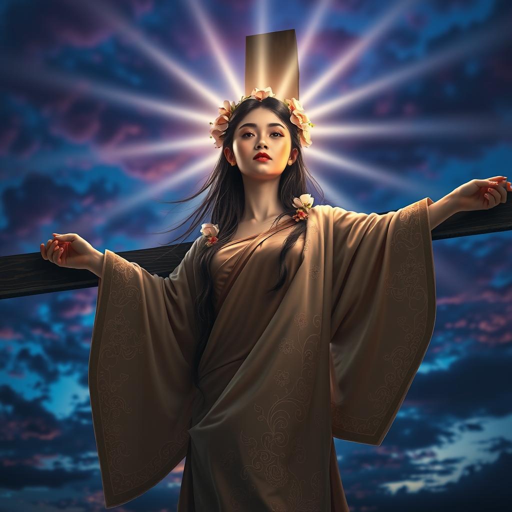 A striking and evocative portrayal of an Asian girl on a crucifix, set against a backdrop of a stunning twilight sky filled with deep blues and vibrant purples