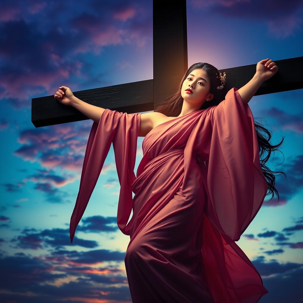 A dramatic and evocative scene featuring an Asian girl on a crucifix, embodying deep symbolism and emotion