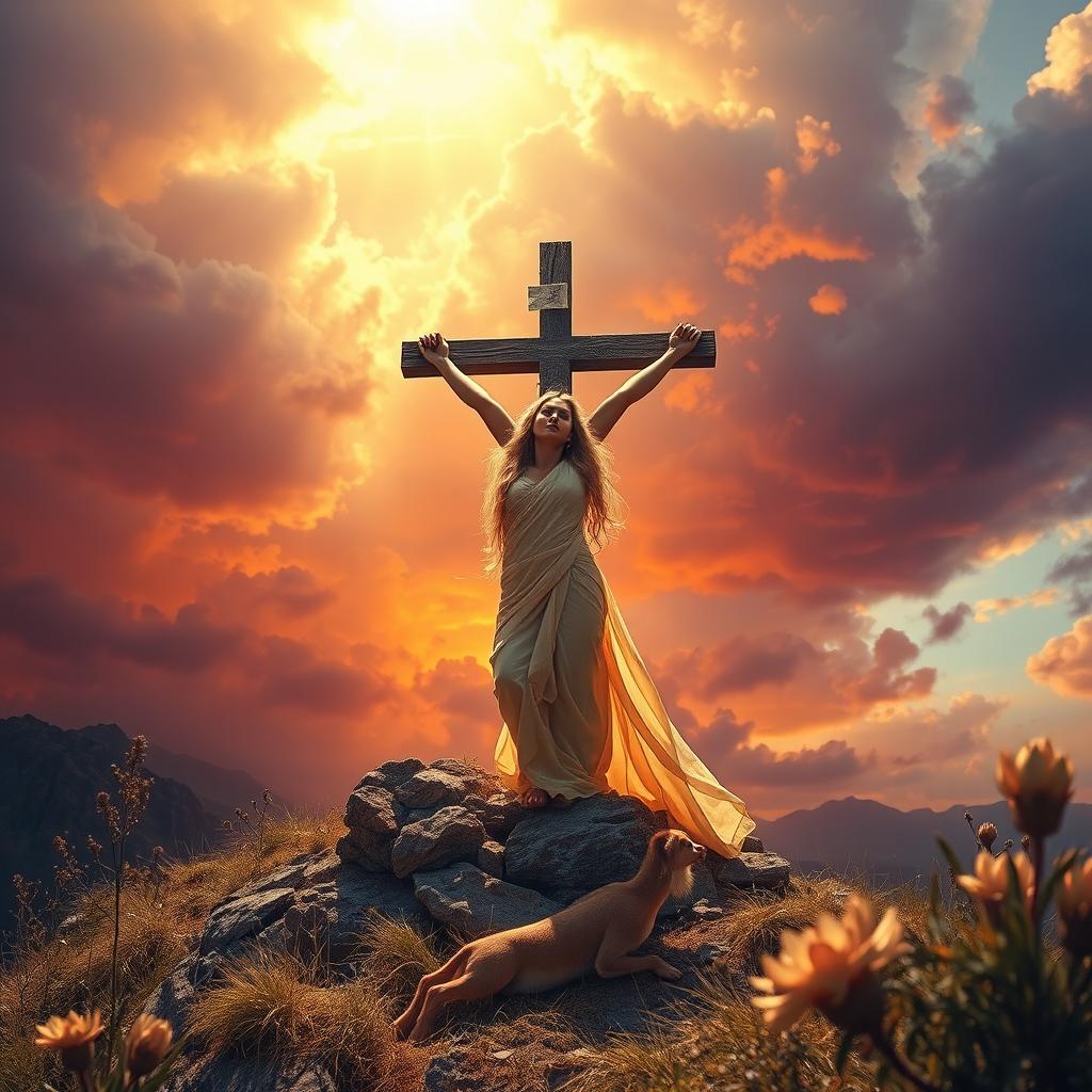 A striking artistic representation of a crucifixion scene featuring a beautiful blonde woman, bathed in soft golden light