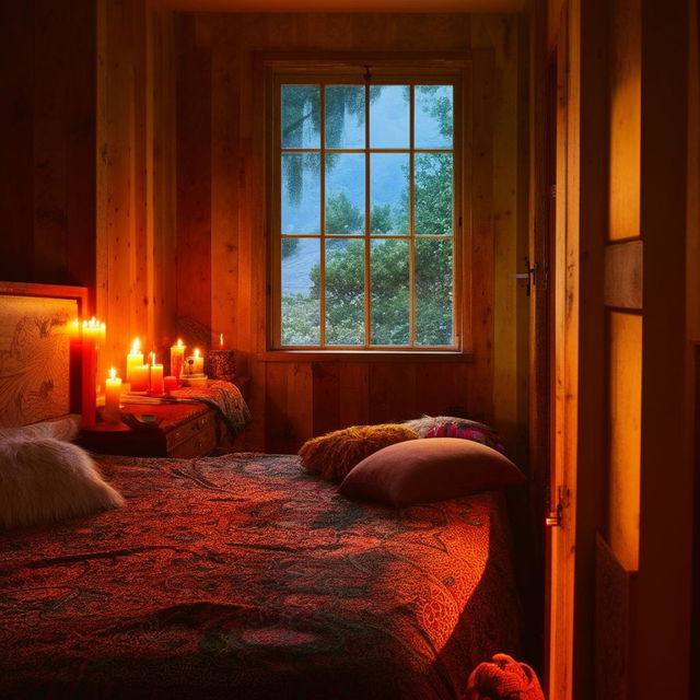 A bohemian bedroom captured in a photo. The room is lit by candlelight, revealing a wooden bed and brightly colored, vibrant furnishings. The room offers a perfect blend of comfort and style, clearly demonstrating tasteful interior design through a window.