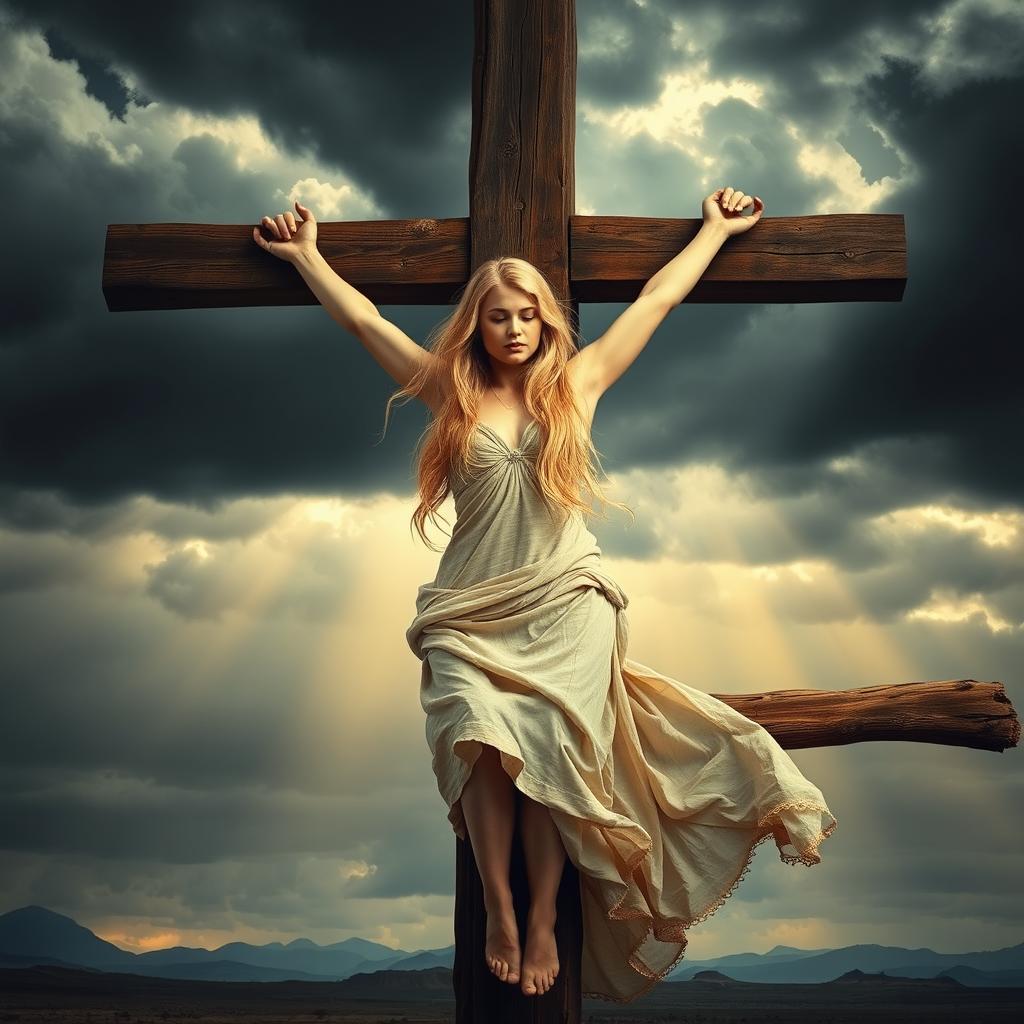 A dramatic and poignant artistic interpretation of a crucifixion scene featuring a striking blonde woman