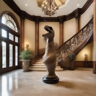 The luxurious mansion featured a grand entrance hall adorned with a life-size fossil replica of an Anatotitan, adding a touch of prehistoric elegance to the design.